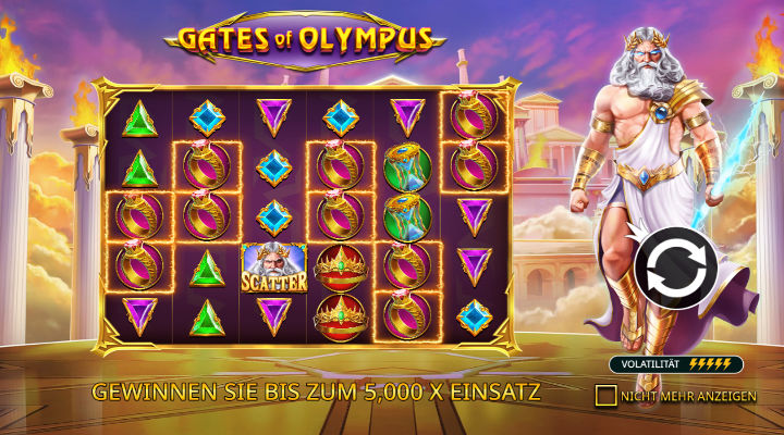 Spielfeld und Schriftzug von Gates of Olympus mit G&ouml;tterfigur